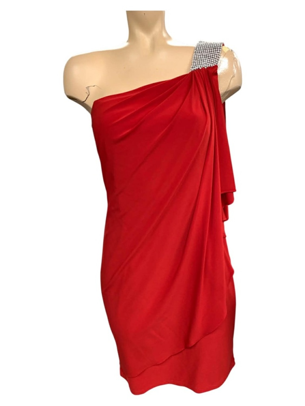 Cache One-Shoulder Red Dress with Crystal-Embellished Strap Size M
